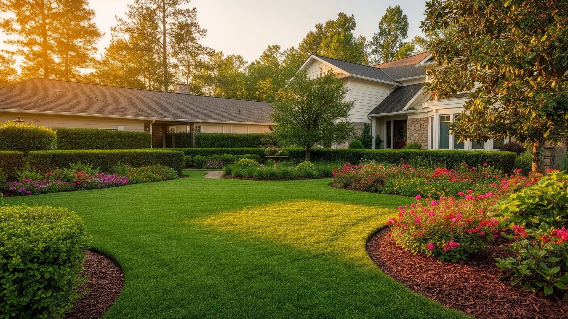 Beautifully maintained landscaped front yard at golden hour